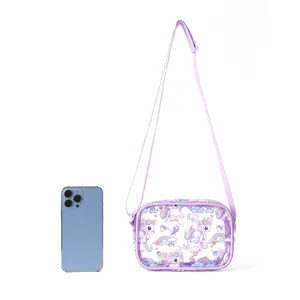 Cute kids cartoon unicorn transparent crossbody bag with purple trim and long strap.