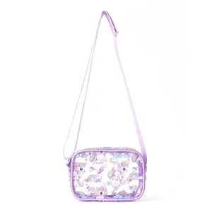 Kids cartoon unicorn clear crossbody bag, cute purple casual messenger bag for children.