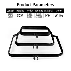 Clear PET travel storage bag set with black zipper design, waterproof cosmetic organizer.