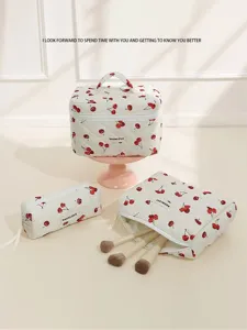 Cute quilted cherry makeup bag set, large capacity cosmetic storage pouch for daily travel use.