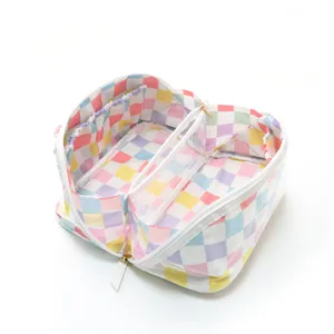 Pastel checkered cosmetic bag with large capacity, color-block makeup storage pouch.