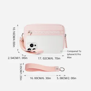 Pink multi-pocket mini wrist bag size chart showing dimensions and portable design.