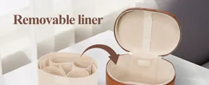 Removable liner cosmetic organizer detail showing the multi-compartment storage structure.