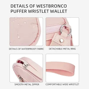 WESTBRONCO pink puffer wristlet wallet, portable mini coin purse with waterproof fabric.