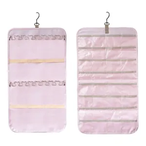 Dubbelzijdige hangende sieraden organizer roze muurbevestiging ketting opbergtas met vakken.