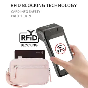 Pink quilted wristlet pouch women mini coin purse multi-pocket portable card wallet with RFID blocking