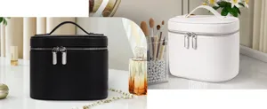 Portable large capacity cosmetic bag with litchi pattern, dual zippers and stylish handle for travel.