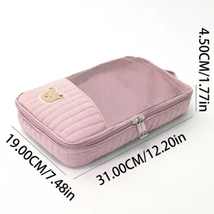 Pink travel storage bag with cute bear patch, mesh top and zipper, 31x19x4.5cm portable pouch.