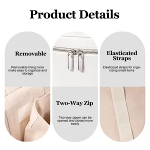 Close-up of cosmetic bag details with two-way zippers, removable lining and elastic straps.