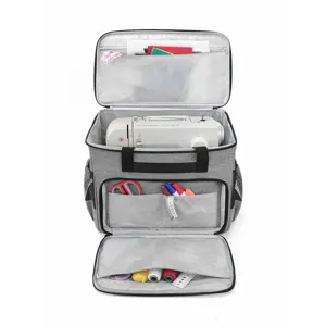 Large capacity sewing machine storage bag with multiple pockets and durable grey fabric.