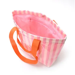 Spaziosa borsa tote a righe rosa e bianche con manici arancioni vivaci per viaggi e lavoro.
