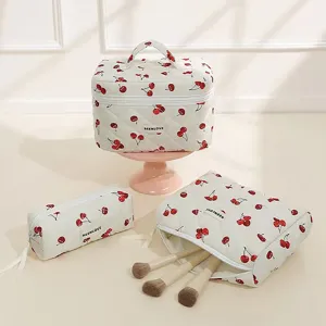 Cute Cherry Bow Quilted Cosmetic Bag Large Capacity Travel Makeup Pouch Minimalist Wash Bag Zipper Storage Bag For Women