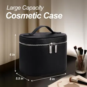 Large capacity cosmetic case, black litchi grain PU leather travel makeup bag with zippers.