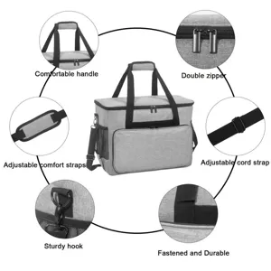 Large capacity gray sewing machine storage bag with comfortable handle, double zipper and straps.