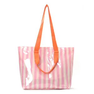 Borsa shopper a righe rosa e bianco, borsa casual di grande capacità, borsa da viaggio.