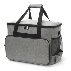 Large capacity grey sewing machine storage bag portable home organizer handbag with mesh pockets.