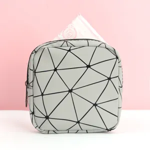 Grijze geometrische PU leer cosmetische tas draagbare maandverband opbergtas met rits