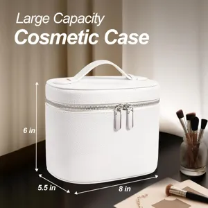 Large capacity white cosmetic case with double zippers and handle for travel daily use.