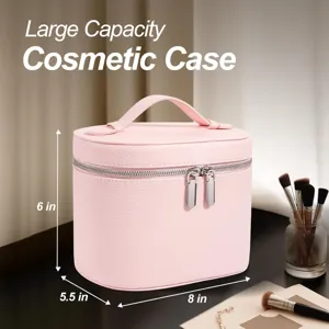 Large capacity pink cosmetic case with convenient handle and stylish dual zippers for daily travel.