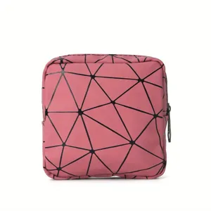 Roze geometrische cosmetische tas draagbare PU lederen opbergzak voor make up detail