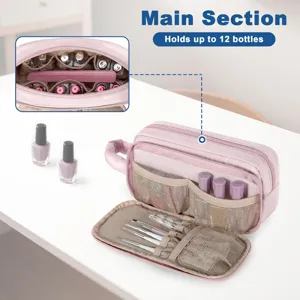 Pink travel cosmetic bag with multiple mesh pockets and brush holders for daily organization.