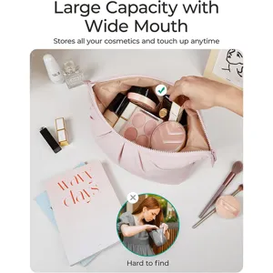 Large capacity cloud cosmetic bag with wide mouth design, stylish pink travel toiletry pouch.