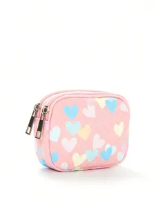 Cute pink quilted heart coin purse with double zipper, portable storage bag for earphones.