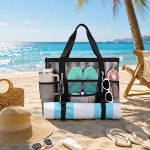 Large mesh beach bag with zipper and multi-use pockets for outdoor travel vacation