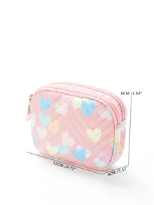 Cute pink quilted heart pattern coin purse portable double zipper storage bag for daily use