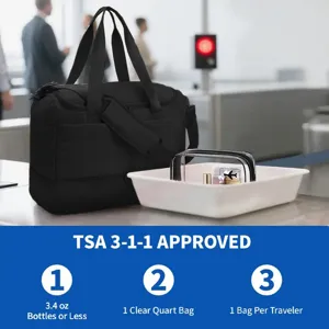 Black quilted travel duffel bag with clear toiletry bag, perfect for short trips and flights.