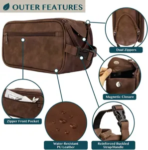 Bolso de aseo de viaje para hombre de cuero PU impermeable con cremalleras dobles y bolsillo.