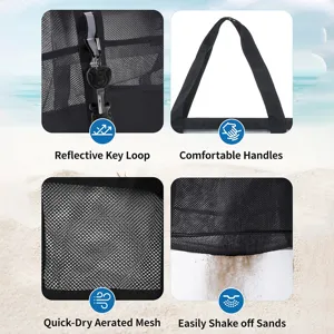 Mesh beach bag detail view highlighting quick-dry aerated fabric and comfortable handles.