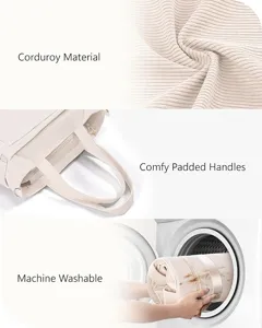 Corduroy tote bag detail showing soft fabric texture, comfortable padded handles, and washable design.
