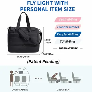 Quilted travel duffel bag detail showing dimensions, airline size compatibility and cabin storage.