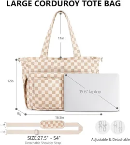 Large Corduroy Tote Bag Checkered Shoulder Handbag with Laptop Compartment and Strap