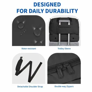 Water-resistant travel duffel bag detail, trolley sleeve, detachable shoulder strap design.