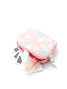 Pink quilted heart pattern zip storage bag, cute children portable coin purse for daily use.