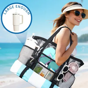 Large capacity mesh beach bag with multiple pockets and sturdy straps for outdoor travel use.