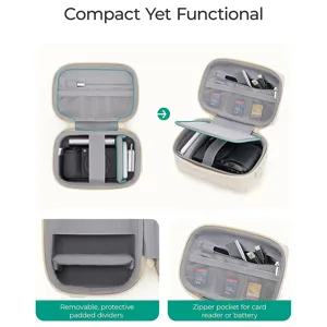 Detailed interior view of quilted camera storage bag with removable padded dividers and pockets.