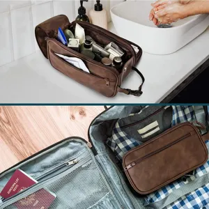 Bolsa de aseo de viaje de cuero PU para hombres, gran organizador de maquillaje portátil.