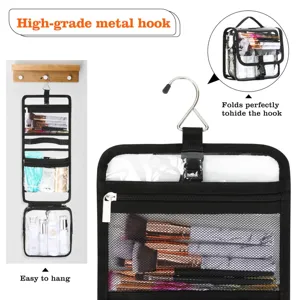 Transparent PVC hanging travel toiletry bag with multiple compartments and sturdy metal hook.