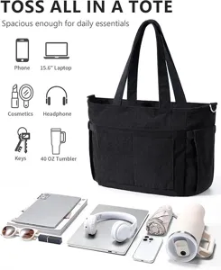 Black corduroy tote bag for women, large capacity casual shoulder bag and travel handbag.