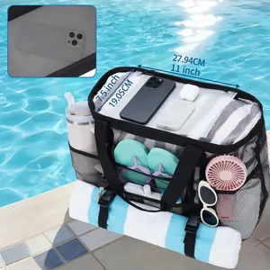 Large capacity mesh beach bag with zipper, durable shoulder tote for outdoor travel and pool.