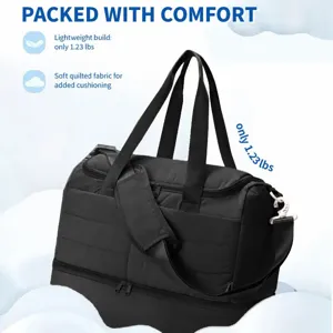 Lightweight quilted travel duffel bag with spacious interior and separate bottom compartment.