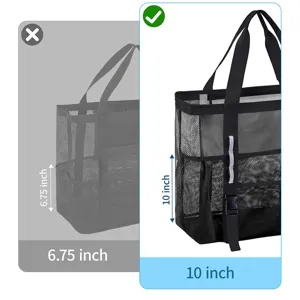 Large capacity black mesh beach bag with zipper, durable shoulder tote for outdoor travel use.