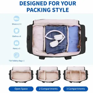 Detail view of the travel duffel bag showing multiple compartments, capacity and storage style.