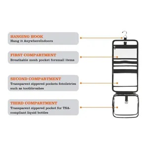 Clear transparent PVC hanging toiletry bag with multiple compartments for easy travel storage.