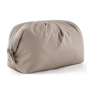 Puffy cosmetic bag for women travel large capacity soft makeup pouch organizer taupe