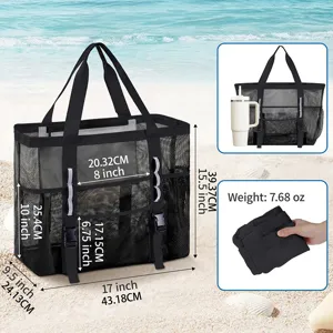 Large capacity black mesh beach bag detail featuring zipper closure, multiple pockets and dimensions.