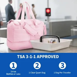 Pink quilted travel duffel bag with separate bottom compartment for women weekend trips detail view